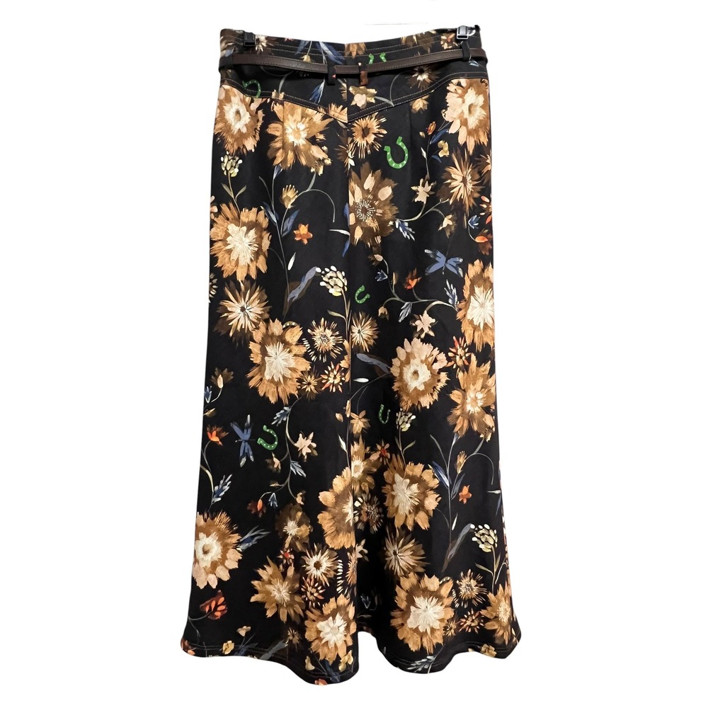 Dorothee Schumacher Maxi Skirt L Black Floral Linen Belted Western Equestrian